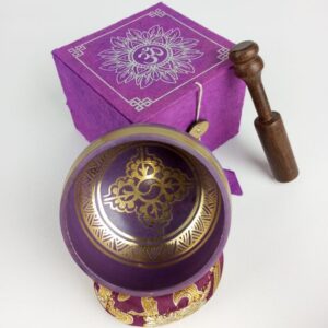Cuenco tiibetano bronce pintado con caja violeta